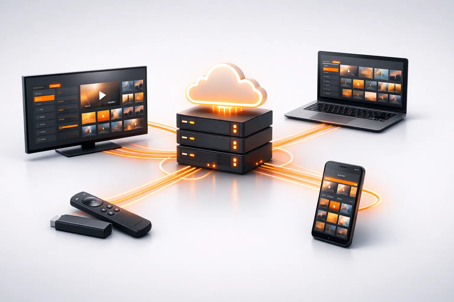 IPTV-Streams über Server und Internetverbindung zu Smart TV, Fire TV Stick und Smartphone