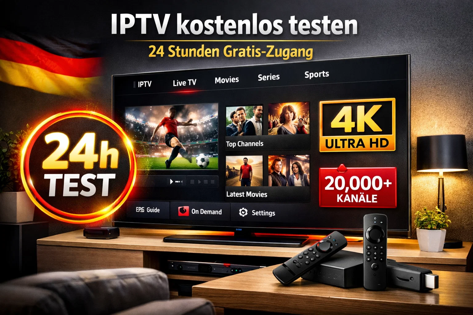 IPTV kostenlos testen – 24 Stunden Gratis-Zugang zu 20.000 Sendern in 4K auf Smart TV und Fire Stick